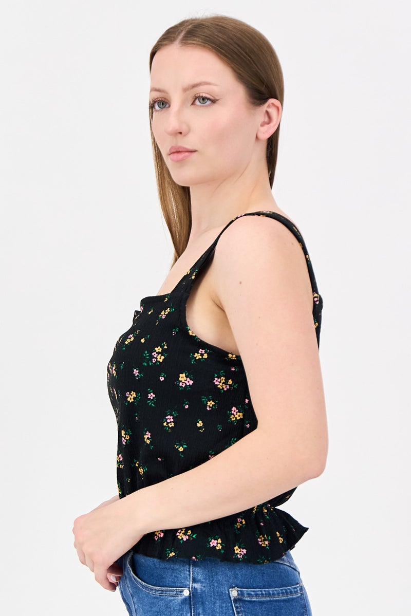 promod Women Square Neck Sleeveless Floral Pattern Crop Tank Top, Multicolor - Image 2